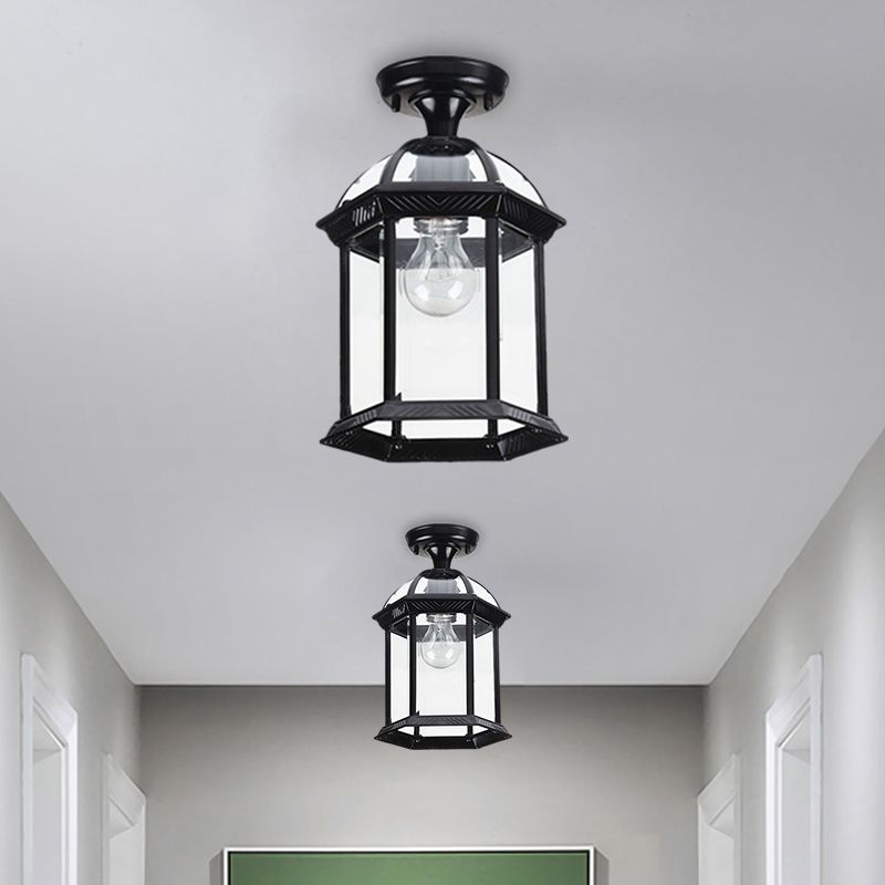 Lanterne de plafond en verre transparent noir/laiton, éclairage semi-montage traditionnel à ampoule unique, 8"/9,5" de large