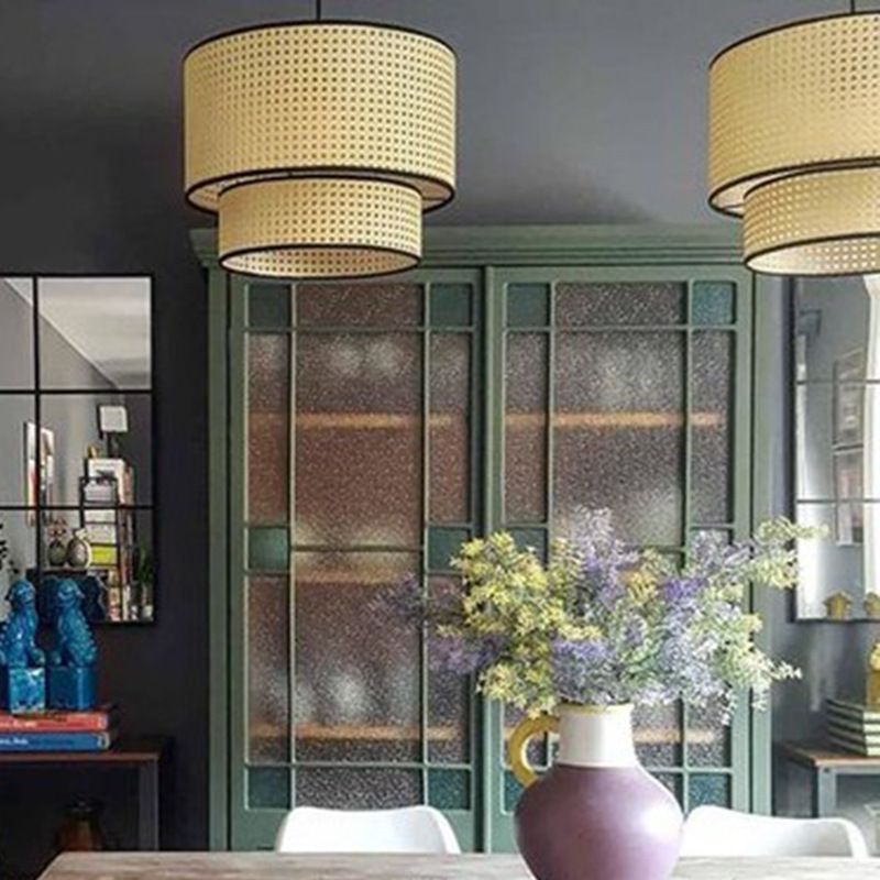 Beige Hand-Worked Pendant Chinese Style 1 Bulb Bamboo Cylindrical Hanging Light for Dining Table