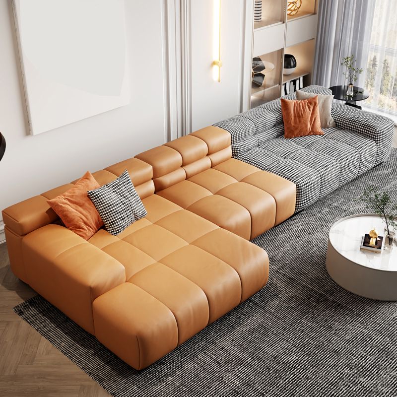 Modern Leather and Fabric Sectional Square Arm Sectional with Pillows