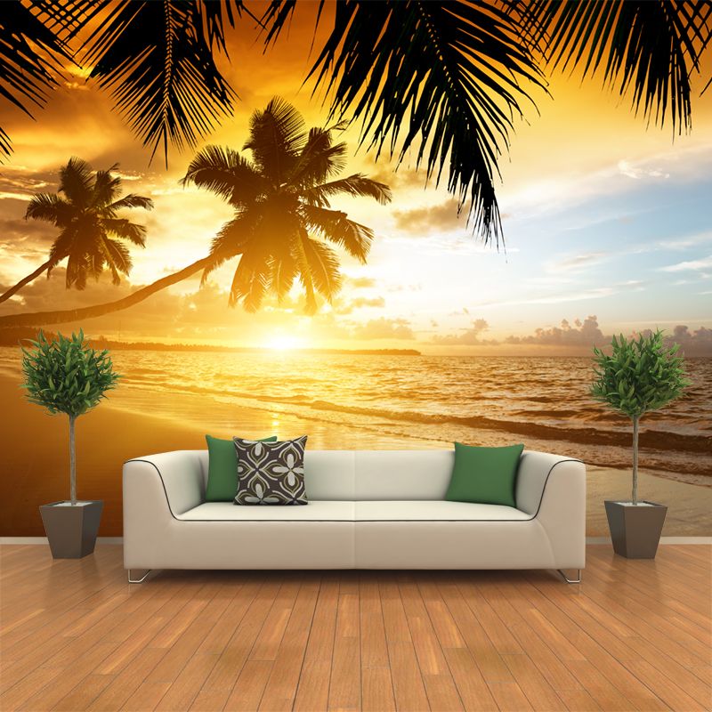 Tropical Sunset at Beach Murals Brown Stain Resistant Wall Covering for Home Decor