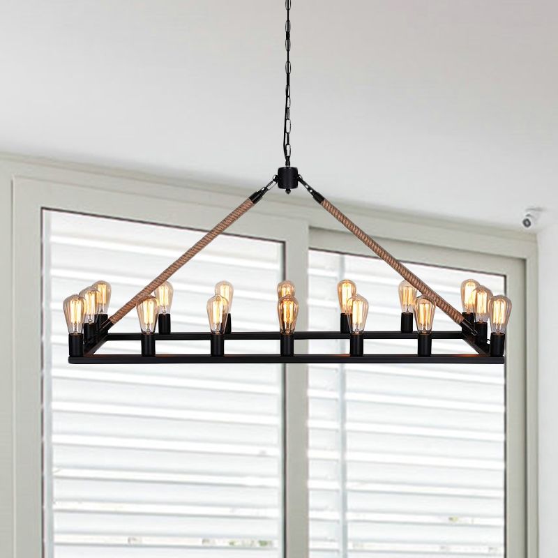 10/16 Bulbs Chandelier Lighting Loft Style Rectangular Frame Metal Pendant Lighting with Rope Detail in Black
