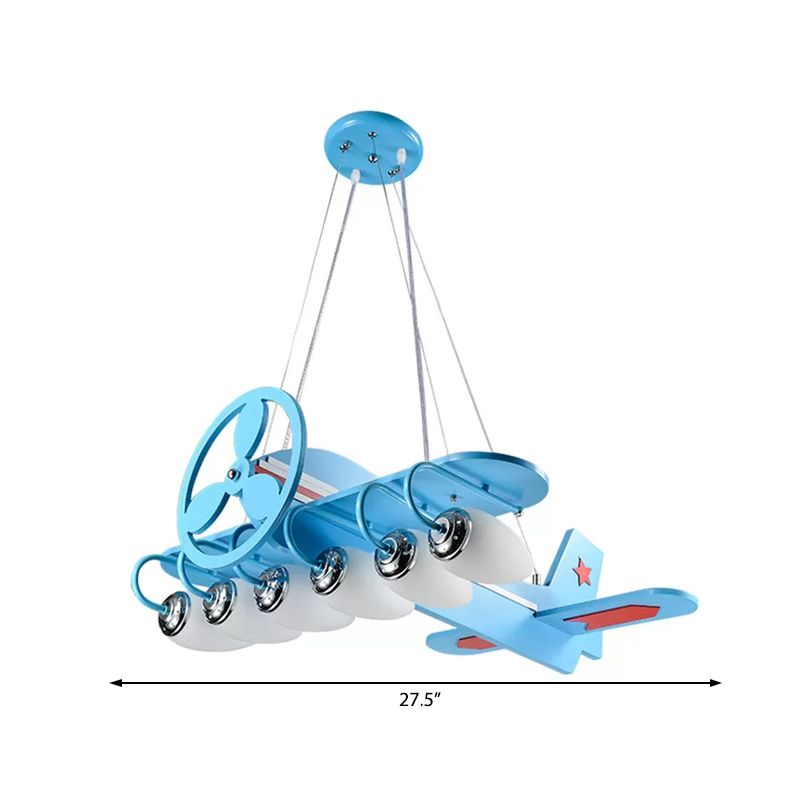 Modern Cool Propeller Airplane Chandelier 6 Lights Wood Suspension Light in Blue for Boys Bedroom
