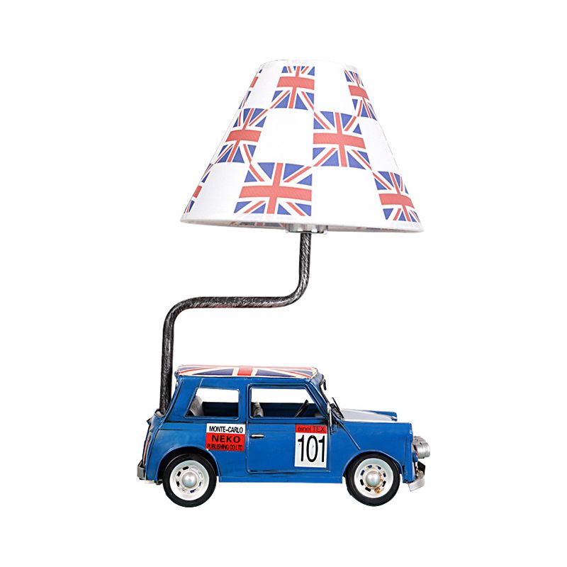 Kids Jeep Car Eisen Nachttisch Lampe 1 Kopftisch Hell in Gelb/Blau mit Cross -Stoff -Empire -Schatten