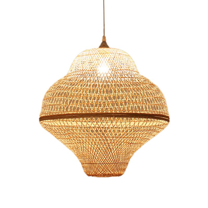 Chinese Gourd/Basket Shaped Drop Pendant Bamboo Woven Single-Bulb Dining Room Suspension Lamp in Beige