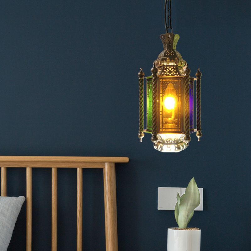 2 teste Lampadella Lanterio Lucimento arabo Finitura in ottone Kit a sospensione metallica con tonalità di vetro multicolore