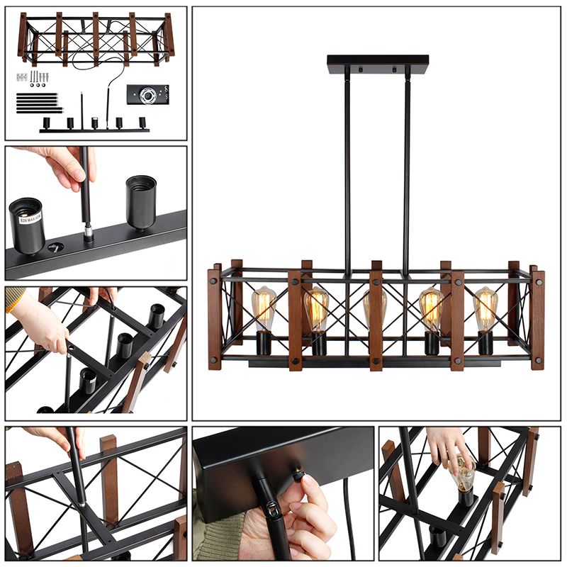 5 luces Ligera colgante de la jaula industrial rectangular Iluminación de isla de metal en negro