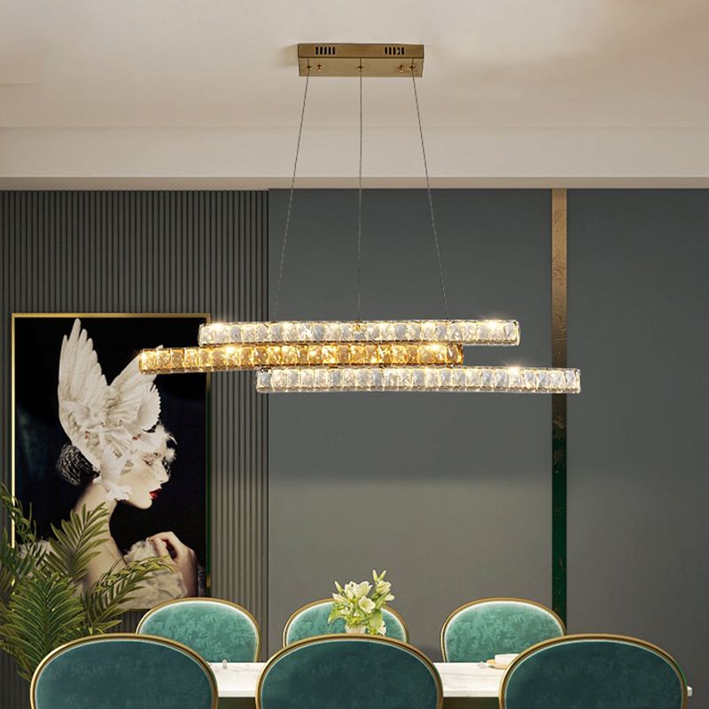 Crystal Encrusted Linear Island Light Fixture Minimalist LED Gold Suspension Pendant Light