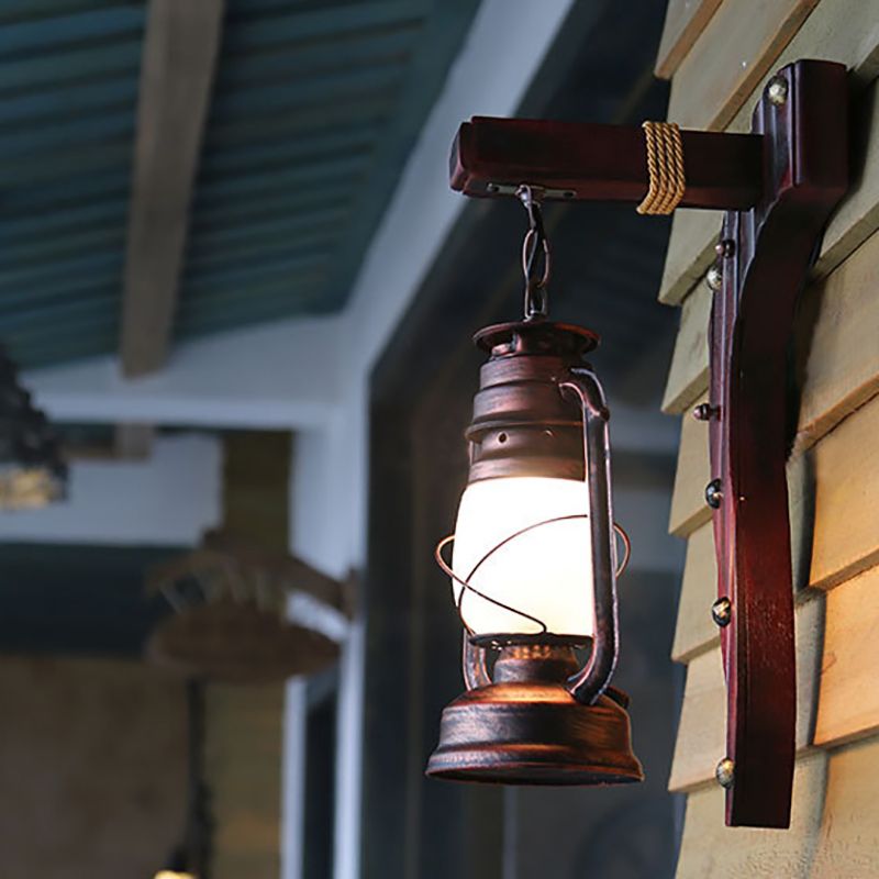 Rame antico una luce leggera leggera leggera rustica in vetro di vetro di cherosene illuminazione con retro in legno