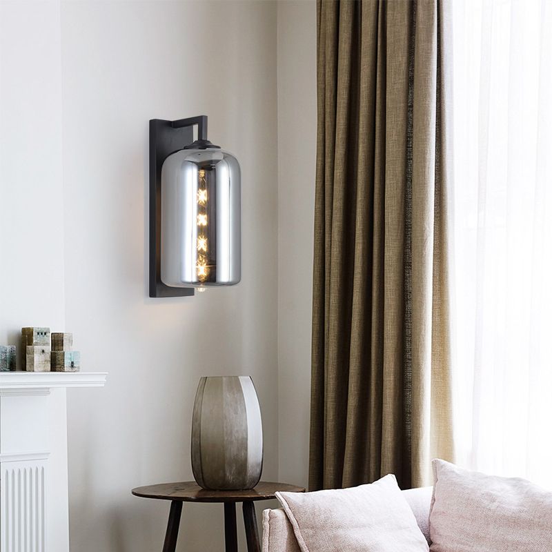 Mason Jar -vormige wand SCONCE Retro -stijl gesloten glas 1 lamp wandlamp met arm met arm in zwart