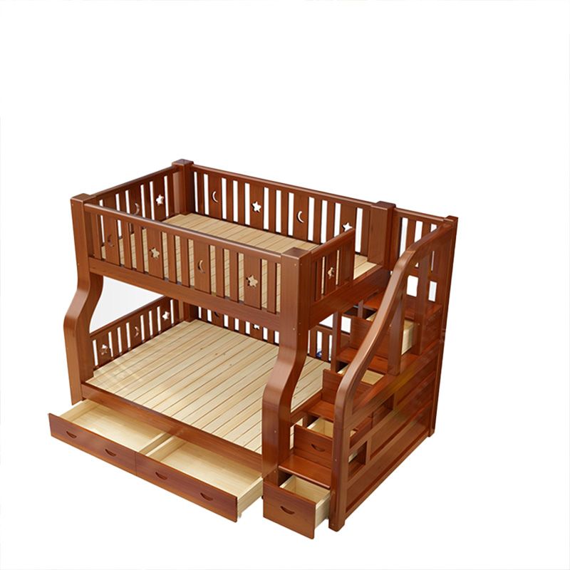 Scandinavian Brown Bunk Bed with Drawers and Shelves in Solid Wood