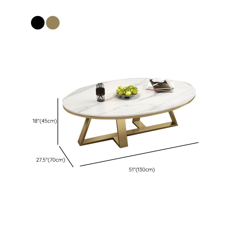 Metal Cross Legs Cocktail Table Luxurious Oval Stone Top Coffee Table