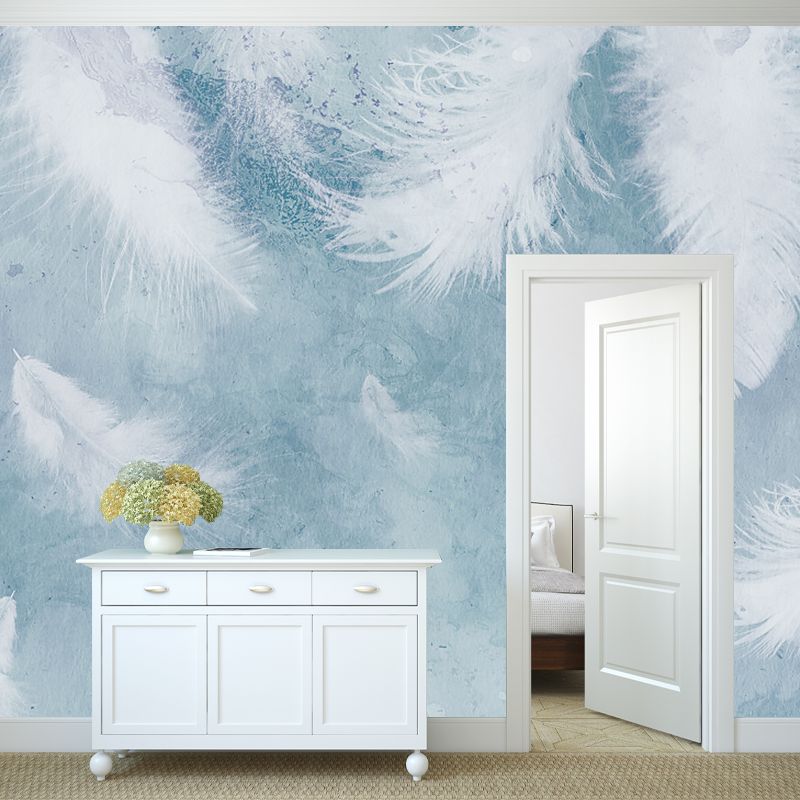 White Feather Wall Mural Decal Water Resistant Modernist Bedroom Wall Art on Blue