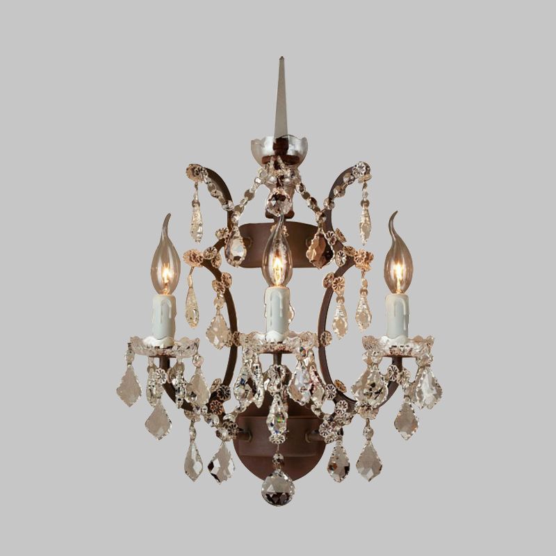 Candle Living Room Sconce Light Rustic Clear Crystal 3 Lights LED Wall Lighting Fixture in Rust