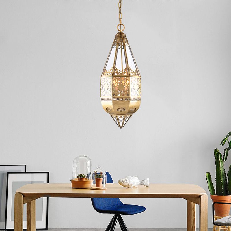 1 Head Clear Glass Pendant Lamp Arabian Brass Lantern Restaurant Ceiling Light with Hollow Pattern