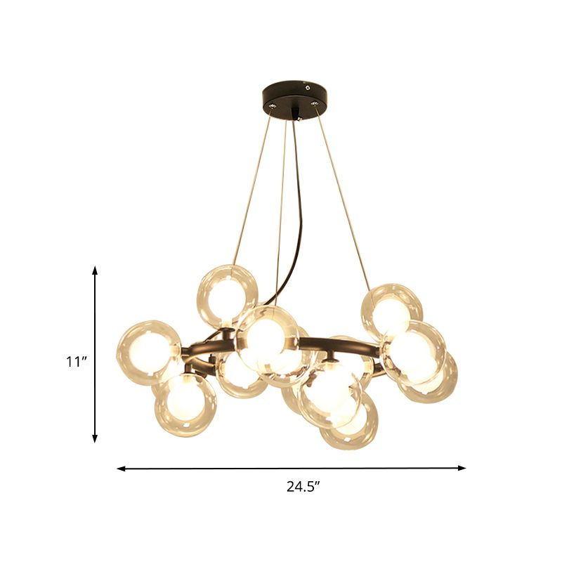 Global Shade Ceiling Light Fixture Modernist Glass 15/25 Bulbs Black/Gold Finish Chandelier Lamp with Metal Ring