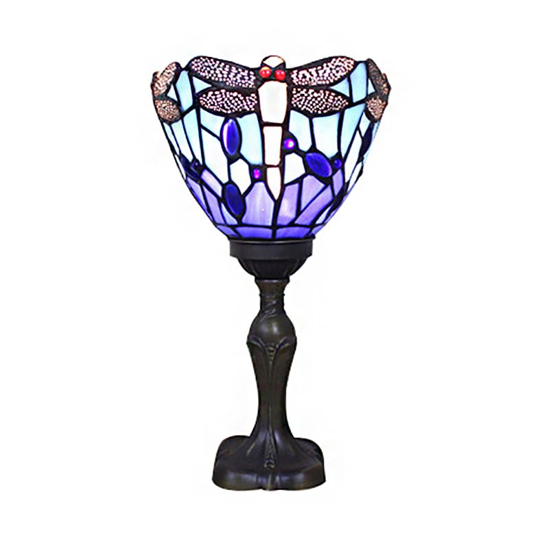 Blue Torch Table Light with Gem/Dragonfly Pattern Tiffany Traditional Stained Glass Desk Lamp for Cafe Living Room
