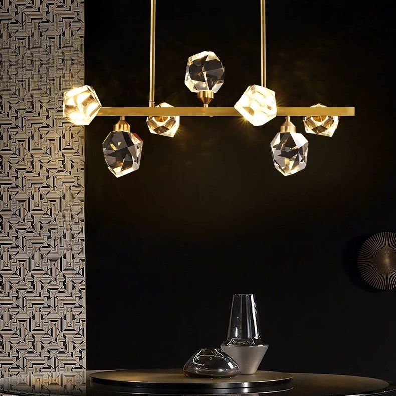 Luci dell'isola geometrica moderna a sospensione Crystal e Metal Island Lighting 7 Light in oro