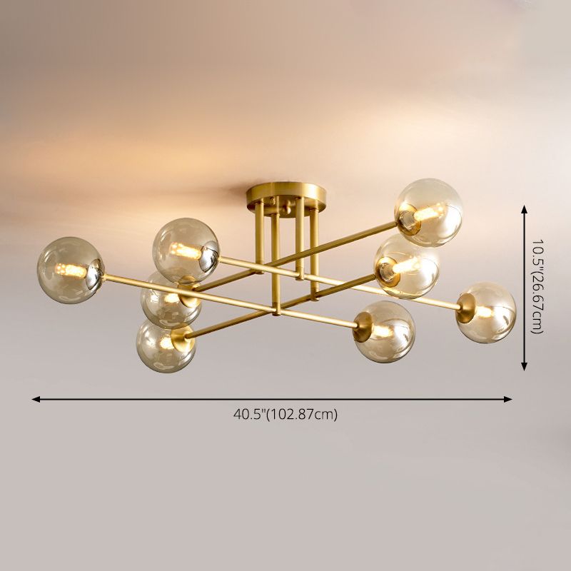 Post-Modern Metal Semi Flush Mount Globe Glass Shade Ceiling Flush Mount in Gold for Bedroom
