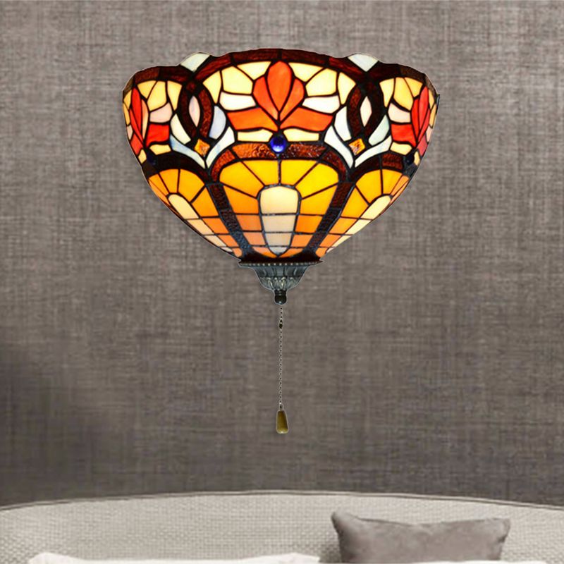 Stained Glass Bowl Wall Lamp with Flower Pattern and Pull Chain 1 Light Victorian Wall Sconce