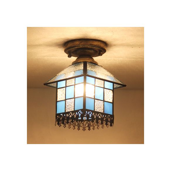 1 Head House Flush Verlichting Rustiek Lodge Style Glas Flush Mount Lamp in Black/Blue/Brass/Clear/Blue-Clear voor Foyer