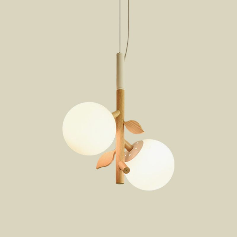 Lampadario a sfera modernista in vetro glassato bianco 2/3 teste sala da pranzo lampada a soffitto in legno con branca verticale