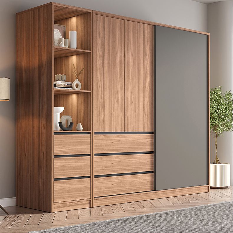 Sliding Wooden Wardrobe Closet Modern Brown Wardrobe Armoire