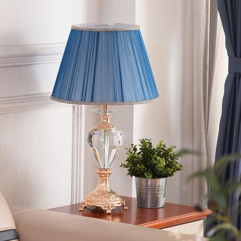 Gearceerde bureaulamp moderne stof 1 lamp blauw tafellicht met gebeeldhouwde koperen metalen basis