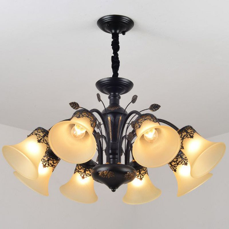 Flared Shade Beige Glass Chandelier Light Classic Living Room Pendant Ceiling Light in Black