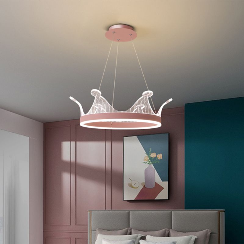 Pink/Gold Crown Shape Pendant Lighting Modern LED Metal Chandelier Lamp in Warm/White Light