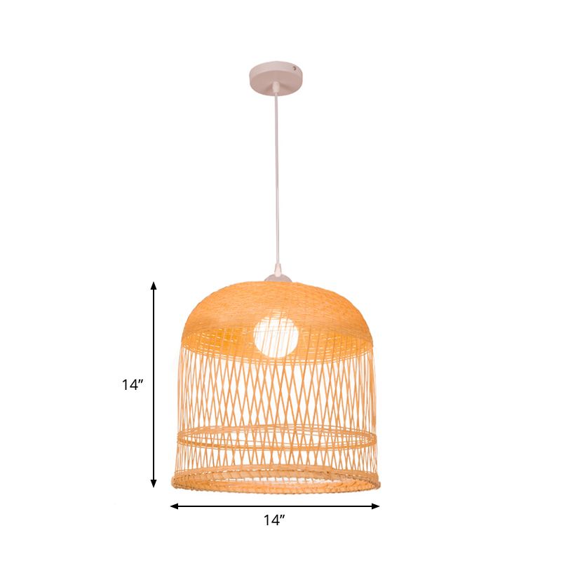 Wood Bell Hanging Lamp Retro 1 Head Bamboo Ceiling Pendant Light for Living Room