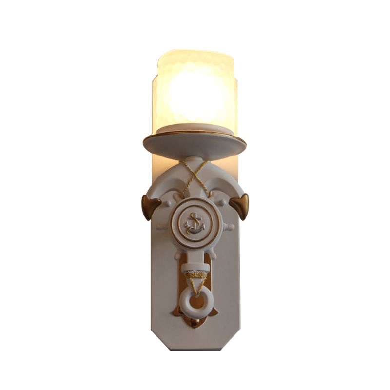 1 Head Indoor Wall Sconce Lamp Nautical Style Blue/White Wall Lighting with Cylinder Opal Glass Shade and Anchor Design