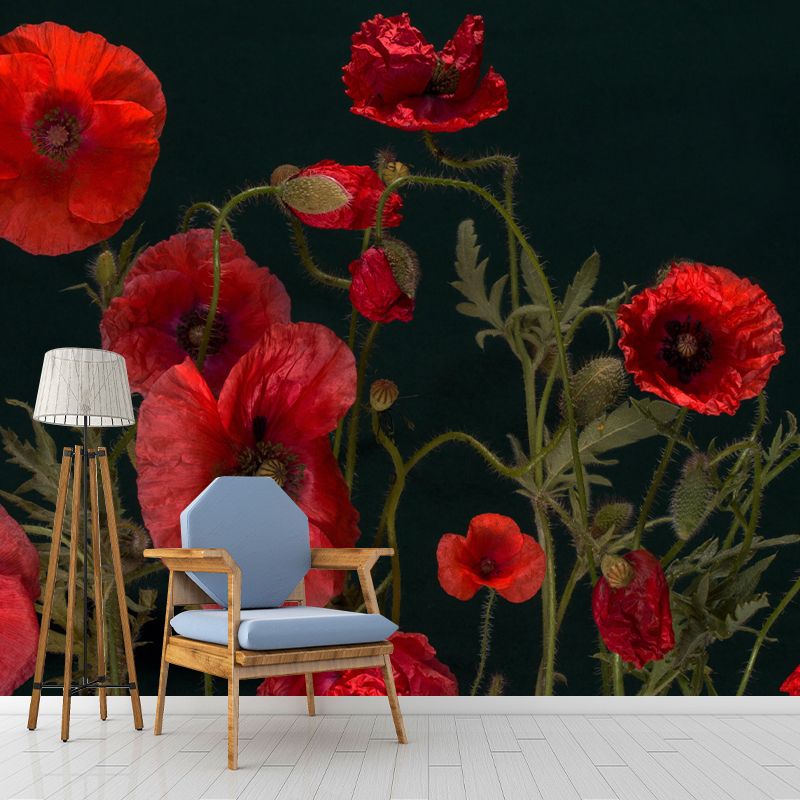 Customized Blooming Poppies Mural Wallpaper Contemporary for Guest Room Decor