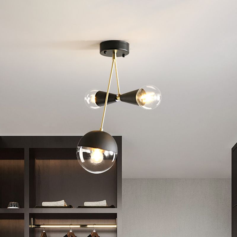 Black Ball and Hourglass Semi Flush Mount Contemporary 3 Bulbs Clear Glass Close to Ceiling Light