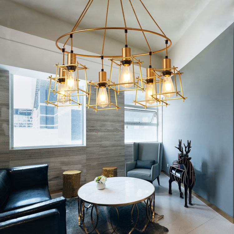 Accendino il lampadario ad anello elegante retrò con sfumatura a gabbia quadrata 6 lampadine in ferro, luce appesa in oro