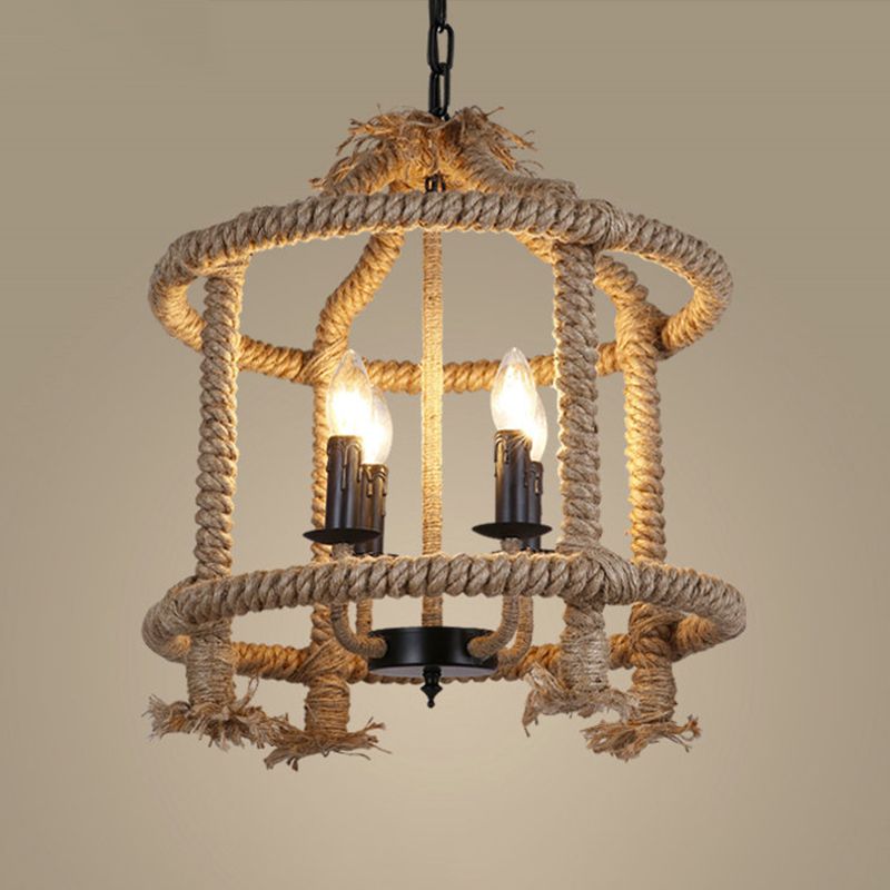 Beige 4 Lights Chandelier Light Fixture Traditional Rope Cylinder Pendant Lamp for Dining Room