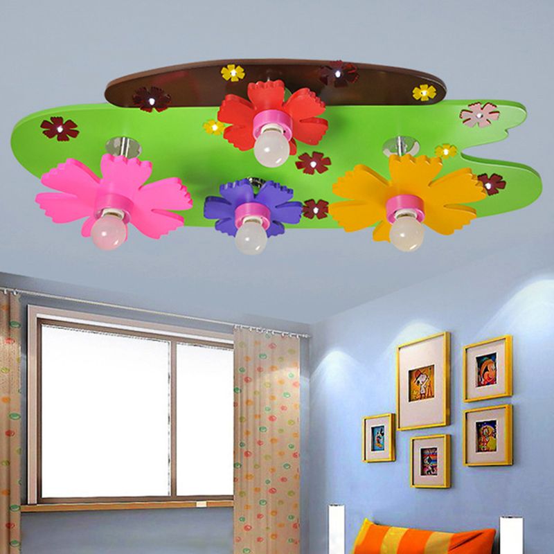 Colorful Flower Ceiling Light Four Heads Cartoon Wood Flush Mount Light for Girls Bedroom