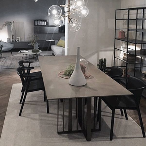Mesa de comedor industrial de piedra sinterizada Mesa rectangular con pedestal doble de metal