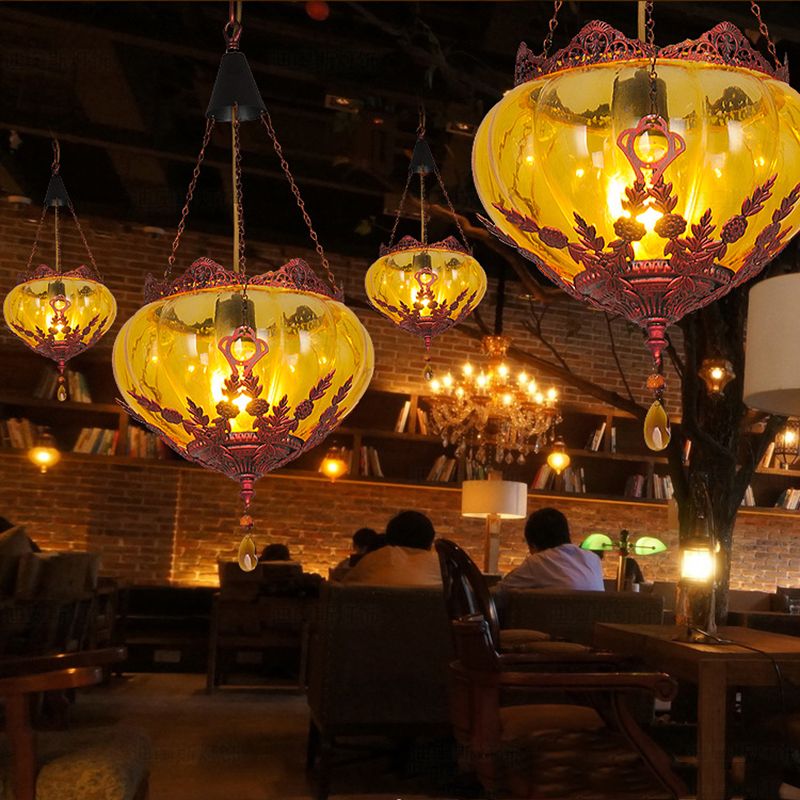 Lantern Restaurant Ceiling Light Country Style Amber Glass 1 Light Rust Pendant Lamp