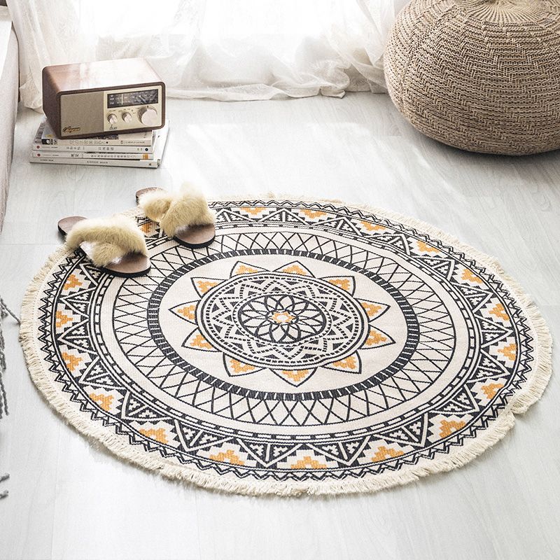 Multi Colored Tribal Patterned Rug Cotton Blend Ethnic Area Rug Easy Care Hand Woven Carpet with Tassel for Bedroom