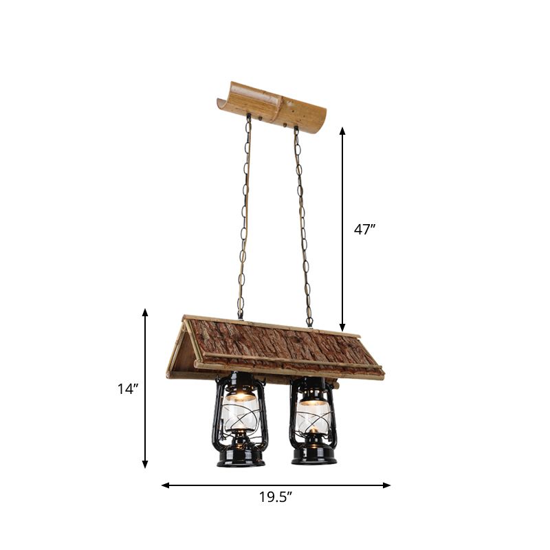 Kerosene Clear Glass Island Pendant Farmhouse 2-Light Restaurant Iron Hanging Light Fixture in Black with Wood Roof Deco