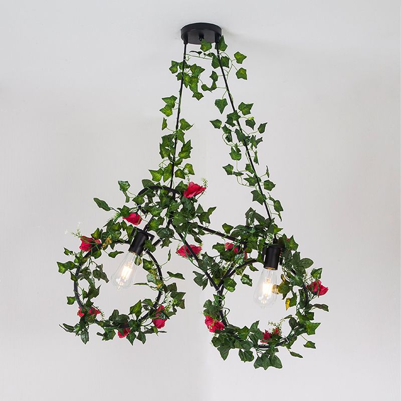 Black 2 Heads Cluster Pendant Farm Style Metal Bicycle Shaped Down Lighting with Plant Deco