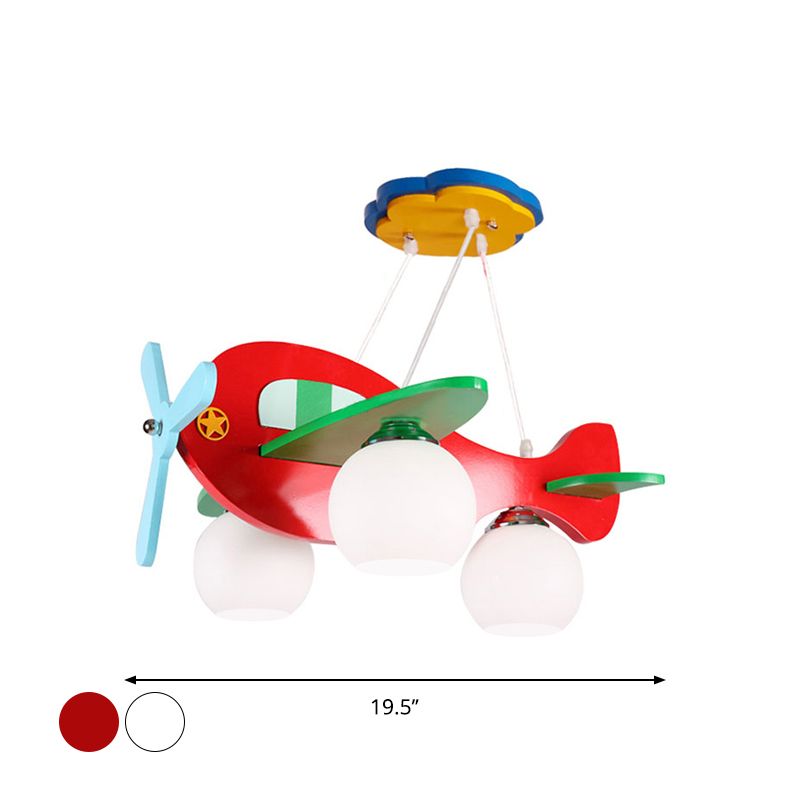 3-Head Nursery Ceiling Pendant Lamp Cartoon Red/White Plane Chandelier with Ball Cream Glass Shade, Warm/White Light