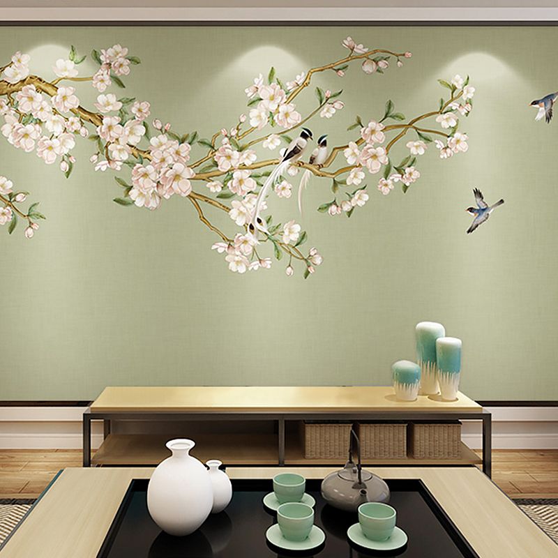 Extra Large Peach Flower Mural in Pink and Green Non-Woven Wall Art for Guest Room, Custom-Printed