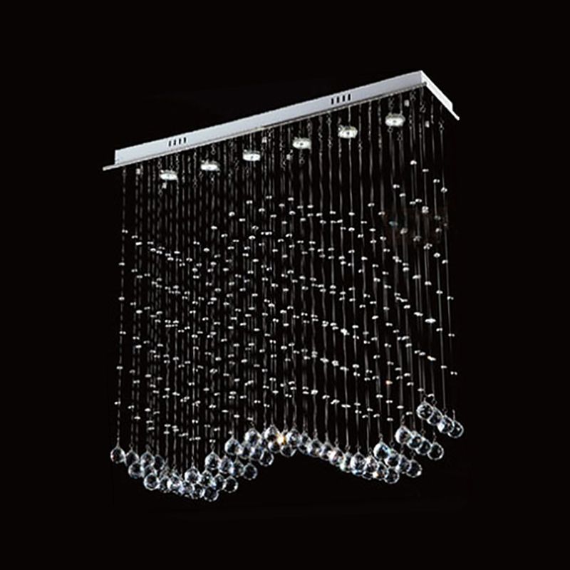 Modern Wave Shaped Ceiling Light 6-Head Crystal Draping Flush Mount Fixture in Stainless Steel