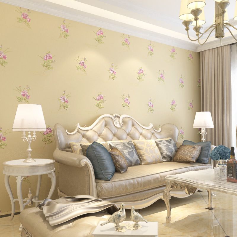 Beautiful Rose Embroidered Wallpaper for Bedroom Decoration, Pink-Beige, 54.2-sq ft
