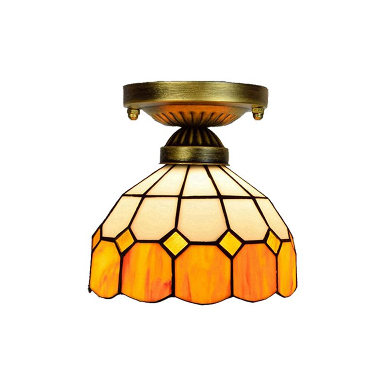 Tiffany Classic Grid Bowl Ceiling Mount Light 8"/6" Width Art Glass 1 Head Orange Ceiling Lamp for Bathroom