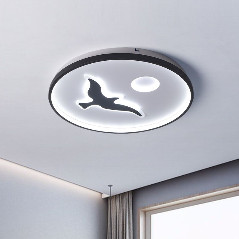 Rounded Metal Flush Light Nordic 16.5"/20.5"/24.5" Wide LED Black Flush Mount with Bird and Sun Pattern in Warm/White Light