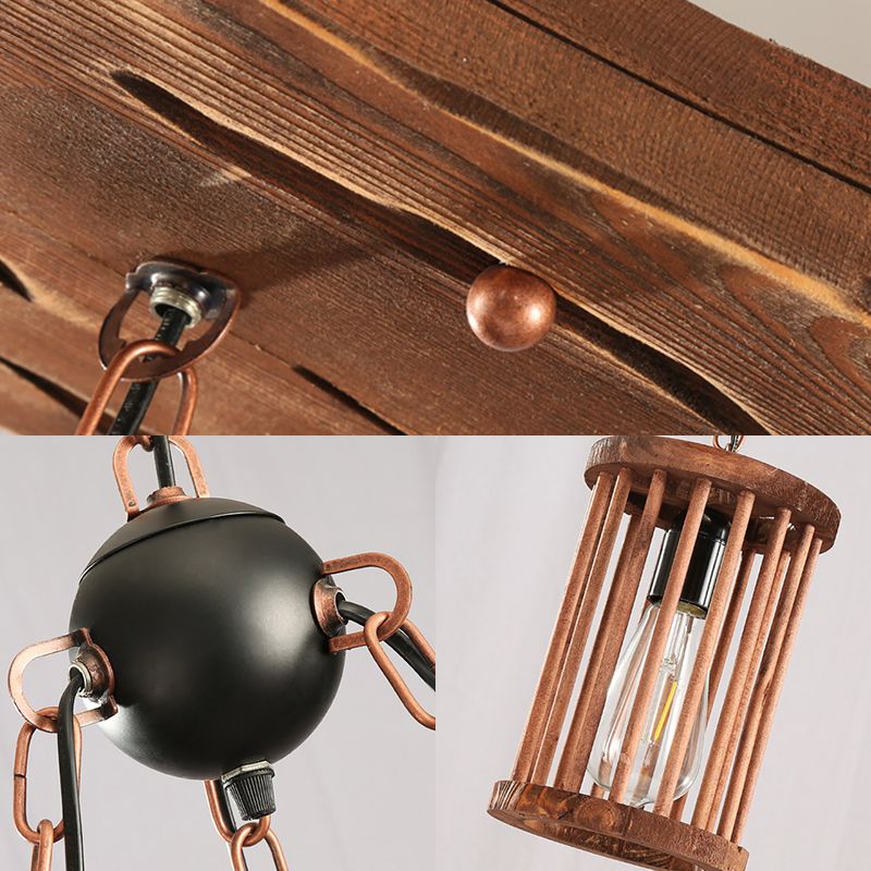 Cylinder Shade Wood Light Chandelier Industrial 3-Light Dining Dining Room Pendant Lighting with Chain