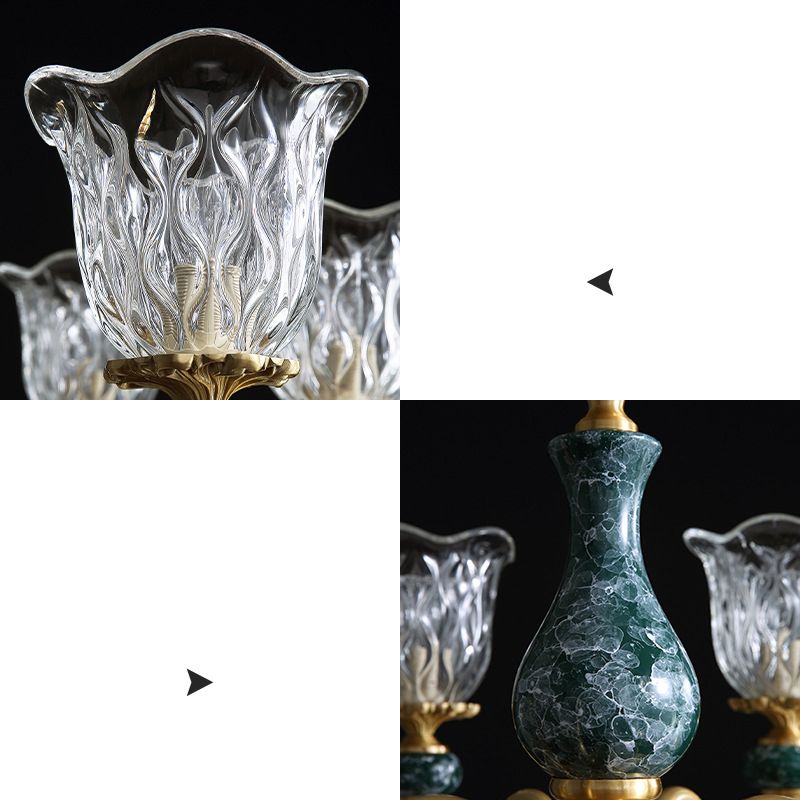 Traditional Flared Ceiling Lighting Carved Glass Chandelier Light Fixture with Ruffle Edge in Brass