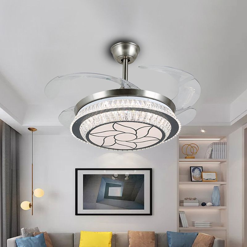 19 "breit gestufte Kristall Halbflush Mount Leichte LED Silber Hanging Lüfterlampe mit 4 Klingen